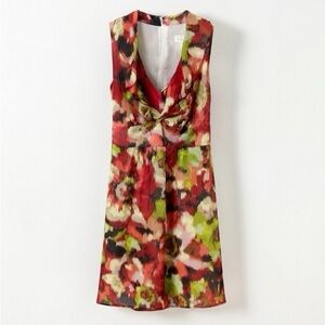 LOFT Ann Taylor Sleeveless Abstract Floral Sun Dress Ruffles Along V-Neckline